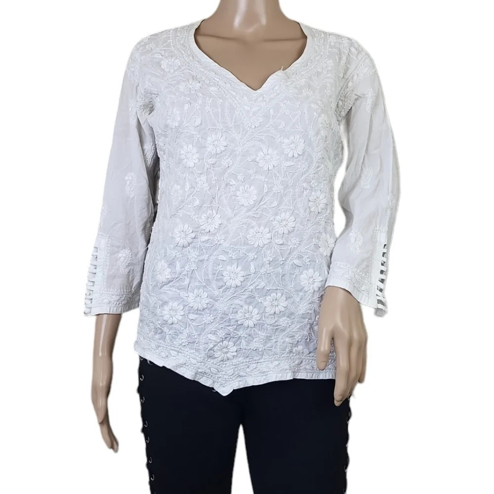 Lido White Floral Embroidered Bell Sleeve Blouse